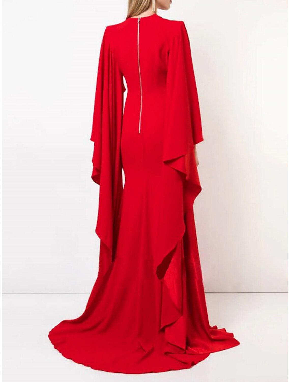 Abito da sera a trapezio, elegante, formale, con strascico a ruota, maniche lunghe, scollo gioiello, in chiffon con pieghe e volant